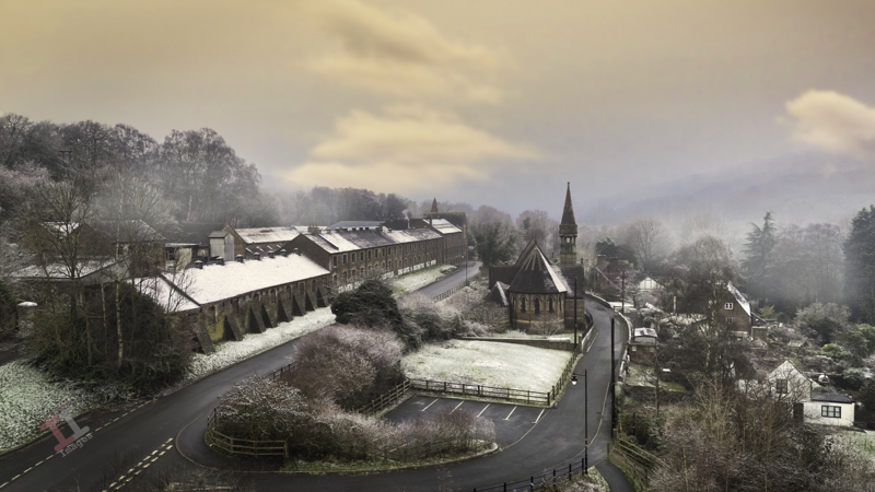 St Marys church in Jackfield on a frosty morning (aerial shot)